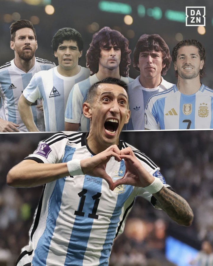 迪马利亚评阿根廷队史前5:梅西 老马 肯佩斯 帕萨雷拉 德保罗